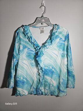 Laura Ashley Aqua Wave Ruffle-Trim Top